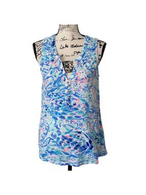 Lilly Pulitzer Womens Size M Essie Tank Sleeveless Blue Breakwater Top V-Neck